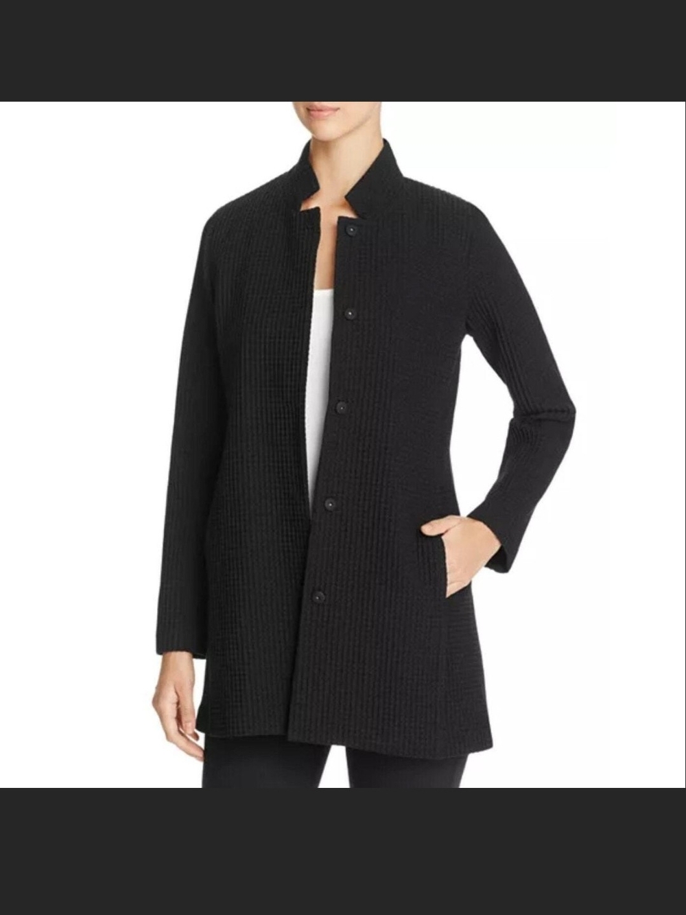 Eileen Fisher Black Textured Full Zip Minimalist Jacket Cardigan XS Quiet Luxury